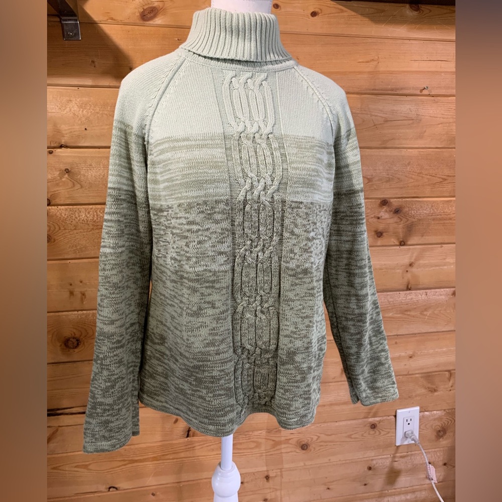 Cotton Sage Green Cable Knit Oversized Turtleneck Sweater Large Karen Scott